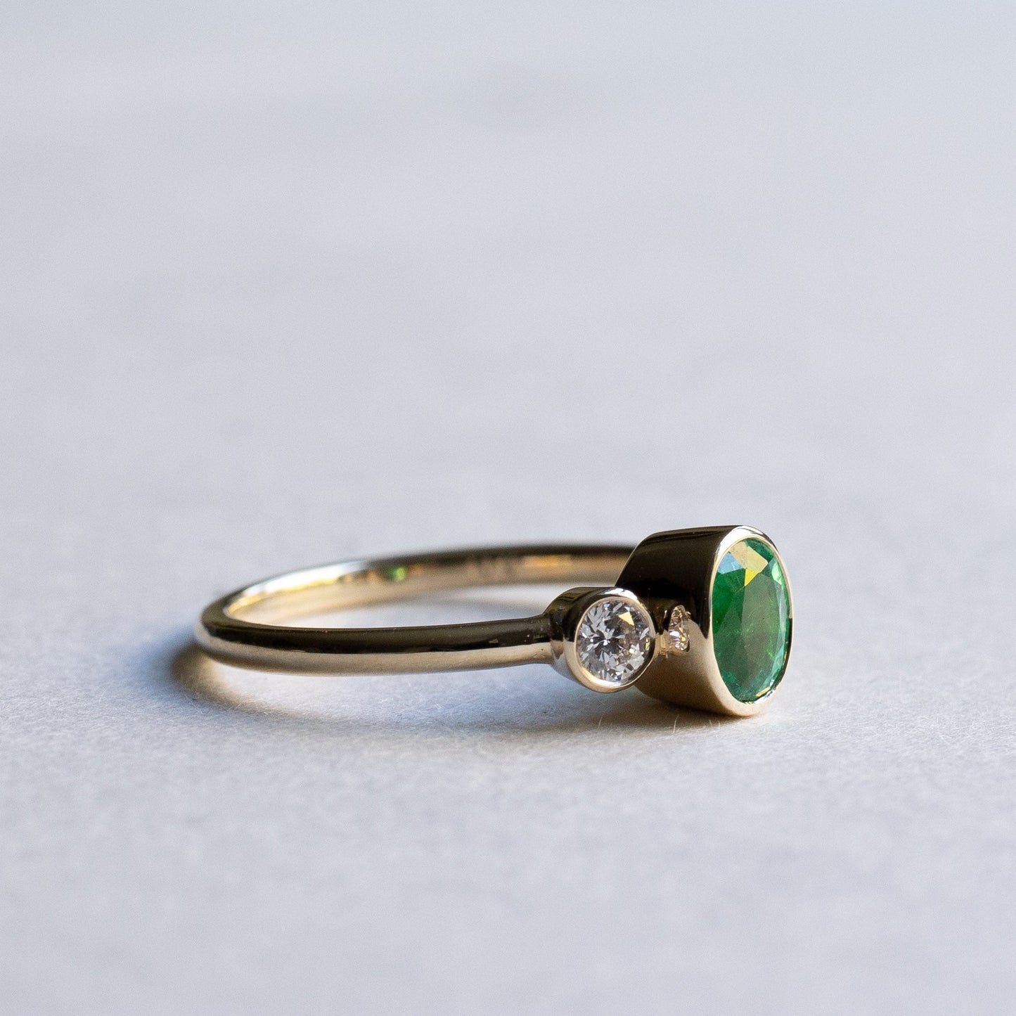 14K Emerald Diamond Three Stone Ring