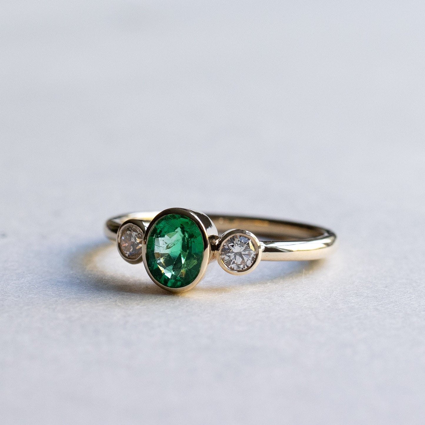 14K Emerald Diamond Three Stone Ring