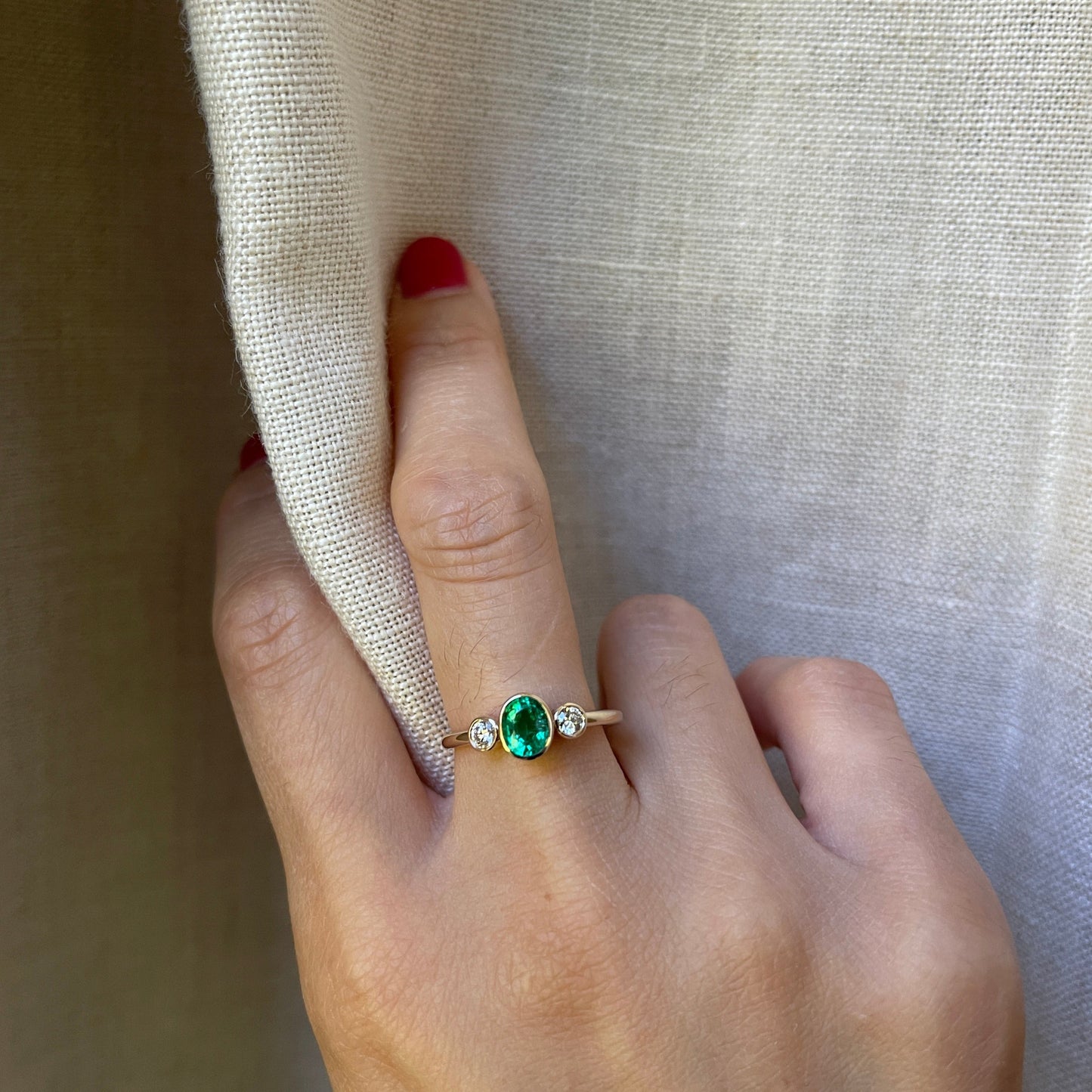 14K Emerald Diamond Three Stone Ring